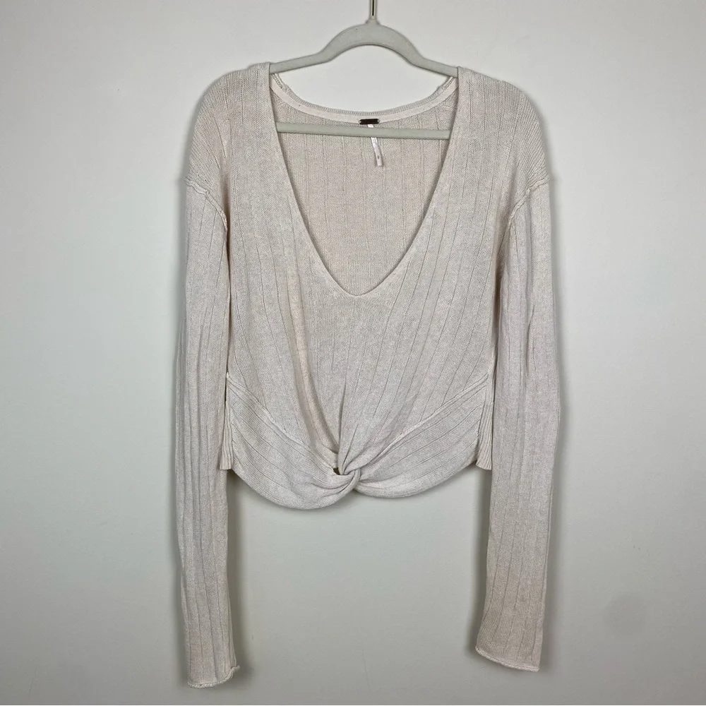 Free People Got Me Twisted Sweater Beige Sz S Front Knot Linen Blend Long Sleeve